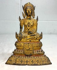 Antique Early 1800s Gold Gilded Bronze Thai Rattanakosin Buddha Statue Sculpture picture