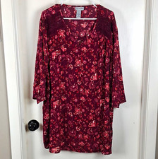 Catherines 1X Plus Burgundy Pink Floral V-Neck Tunic Blouse Lace 3/4 Sleeve picture