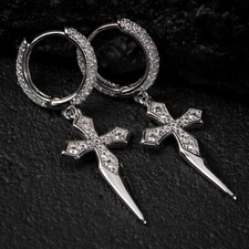 Men's Hanging Iced Cross Dagger Dangle Huggie Hoop Sterling Silver Earrings picture