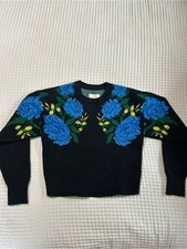 Maeve Anthropologie Black Knit Sweater Blue Floral Cottagecore Statement XXS Top picture