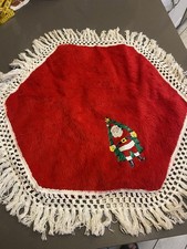 VTG 1950s Or 60s MCM Christmas Tree Skirt Or Table Topper Applique Santa Fringe picture