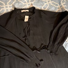 LOFT Women's Black Chiffon Pleated Midi Dress Size M V-Neck Tie Waist Smocked picture