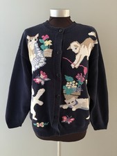 Vintage Northern Reflections Playful Cats Cardigan Sweater Size Large Navy Blue picture