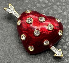 Red Guilloche Enamel Cupid's Arrow Heart Brooch Pin Clear Rhinestone Gold Tone picture