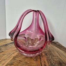 Vtg Murano Italy Blown Glass Cranberry Pulled Loop Basket Bowl Foil Label 6.5