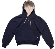 Vintage 1990s Navy Blue Russell Athletic Henley Hooded Sweatshirt Size Medium picture