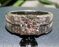 ESTATE 1.25CT ROUND CENTER DIAMOND ENGAGEMENT WEDDING BAND RING SET 18K GOLD picture