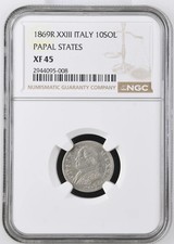 1869-R (Large) ITALIAN STATES Silver 10 SOLDI NGC XF-45 R XXIII PAPAL STATES picture