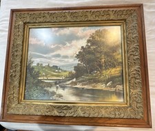 Large Antique Style Pastoral River Landscape Art Print In Heavy Wooden Frame picture