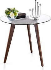 Ivinta Dining Table with Glass top, Round Kitchen Table with Wood Legs picture