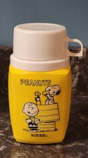 Vintage 1985 Peanuts Yellow Thermos Charlie Brown, Snoopy & Woodstock - Complete picture