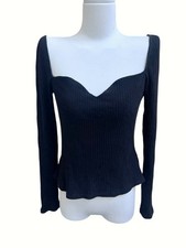 Reformation October Knit Top Long Sleeve Black Sz XL Ribbed Sweetheart Neck picture