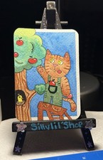 ACEO Original Watercolor Art card By Sillylilshop Apple Picking Cat picture