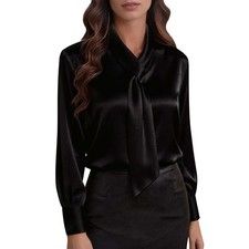 Elegant Satin Tie Neck Blouse Women Long Sleeve Office Work Silky Casual Shirt picture