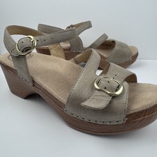 Dansko Sandi Tan Leather Ankle - Strap Wedge Sandal, Metallic Gold Toned Buckles picture
