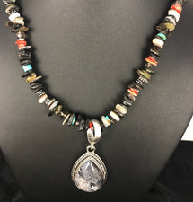 Abalone Pendant Turquoise, Spiny Oyster Navajo Sterling Silver Necklace 11886 picture