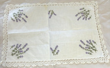 Vtg Hand Embroidered Dresser Scarves Runner Lavendar Flower Placemat Doily picture