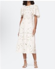 New Sea NY Blaire White Eyelet Lace Puff Short Sleeve Midi Dress Womens 4 $545 picture