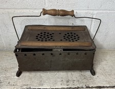 Antique Primitive Foot Warmer Punched Tim Starts Wood Cast Iron Handle Insert picture