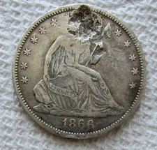 1866 Seated Liberty Silver Half Dollar Rare Key Date XF Plugged Damaged Filler picture