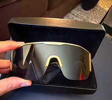 Versace Women's Shield Sunglasses Gold Metal Frame Gray Tinted Lenses w/ Case picture