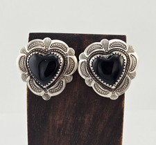Vintage Quoc Trading QT Sterling Silver Onyx Heart Stamped Earrings - 9g picture