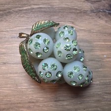 Vtg 1950s Austrian Forbidden Fruit White Lucite Grape Brooch Green Rhinestone picture