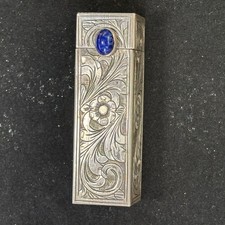 Vintage Italian 800 Silver Hand Etched~Lapis Cabochon Lipstick Holder w/Mirror picture