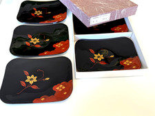 Vintage Japanese Hidehira Lacquerware 5pc Plates Tessenka Flower Original Box picture