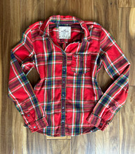2000s Hollister Co. orange, white, and dark blue plaid button-up flannel shirt picture