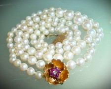 GORGEOUS VINTAGE 14K RUBY DIAMOND FLOWER GRADUATED 24'' AKOYA PEARL NECKLACE picture