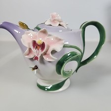 Pier 1 Porcelain Bumblebee Serenade Teapot 3D Pink Purple Green picture