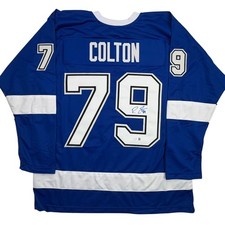 Autographed/Signed Ross Colton Tampa Bay Blue Hockey Jersey Beckett BAS COA picture