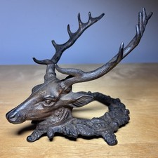 Antique Cast Iron Stag Deer Head Inkwell Pen Holder Victorian Desk Stand picture