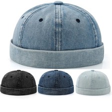 Men Denim Retro Brimless Hat Skull cap Sailor Cap Beanie Rolled Cuff Adjustable picture