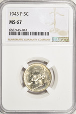 1943 P JEFFERSON NICKEL ~ SILVER WAR WWII ~ NGC MS67 picture