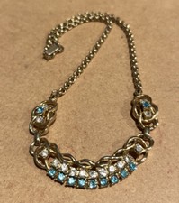 VTG Unmarked Gold Tone Necklace 12”  & Earrings Blue Rhinestones D13(5) picture
