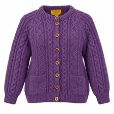 O'Maille Ireland Hand Knit Wool Cable Cardigan Purple Wood Button Sweater Womens picture