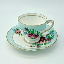 Vintage Roslyn Fine Bone China England Teacup Saucer Set 5035A Blue Pink Roses picture