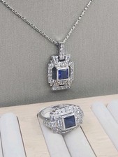 Vintage PAJ 925 Sterling Silver Blue Sapphire CZ Art Deco Ring Necklace Set picture