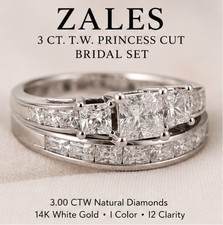 Zales 3 CTW Natural Diamond Princess Cut Bridal Set 14K White Gold I I2 picture
