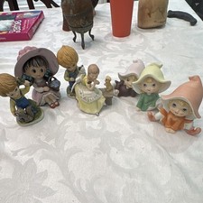 Vtg Artmark Porcelain Figurine Girl On Bench Dog & Enesco Gnome Lot Korea Japan picture