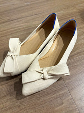 Rothy’s Women’s Knit Pointed Toe Bow Ballet Flats Slip-On Beige/Blue picture