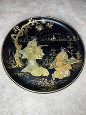 Antique Japanese Black Lacquer Tray Plate Maki-e Hand Painted Geisha Mt Fuji picture