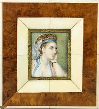 Antique Hand Painted Portrait Miniature in Fab Frame, Exotic Costumed Lady picture