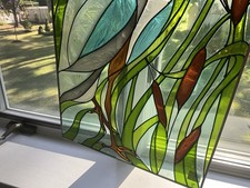 Beautiful Blue Heron With Cat Tail Stained Glass Hanging Window USA Made21.5x14” picture