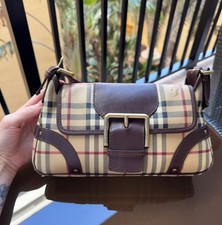 Vintage Burberry Haymarket Check Shoulder Bag Brown Leather Buckle Authentic picture