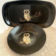 Vintage MCM Couroc of Monterey Night Owl Inlaid Serving Tray & Bowl Set picture