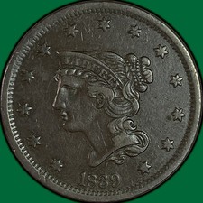 1839 Head of 1840 Braided Hair Large Cent Choice Extremely Fine XF+/AU #45426 picture