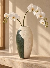 Vintage Japanese Studio Pottery Vase Carved Orchid Green Glaze Signed Wood Box picture